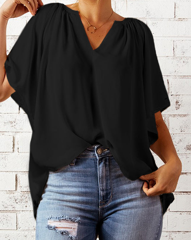 Gathered Detail Notched Neck Flutter Sleeve Top 