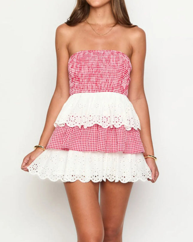 Eyelet Gingham Ruffle Layered Tube Dress