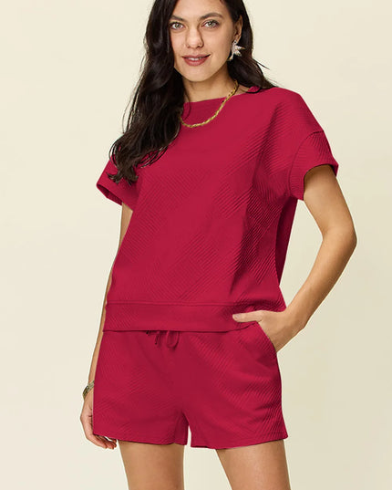 Double Take Full Size Texture Short Sleeve T-Shirt and Drawstring Shorts Set 
