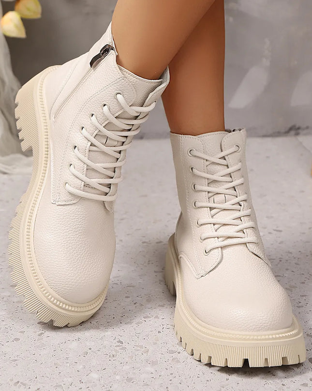 Lace Up Platform Boots Beige