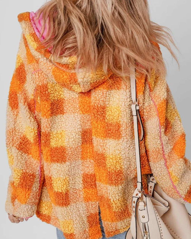 Checkered Long Sleeve Sherpa Hooded Jacket
