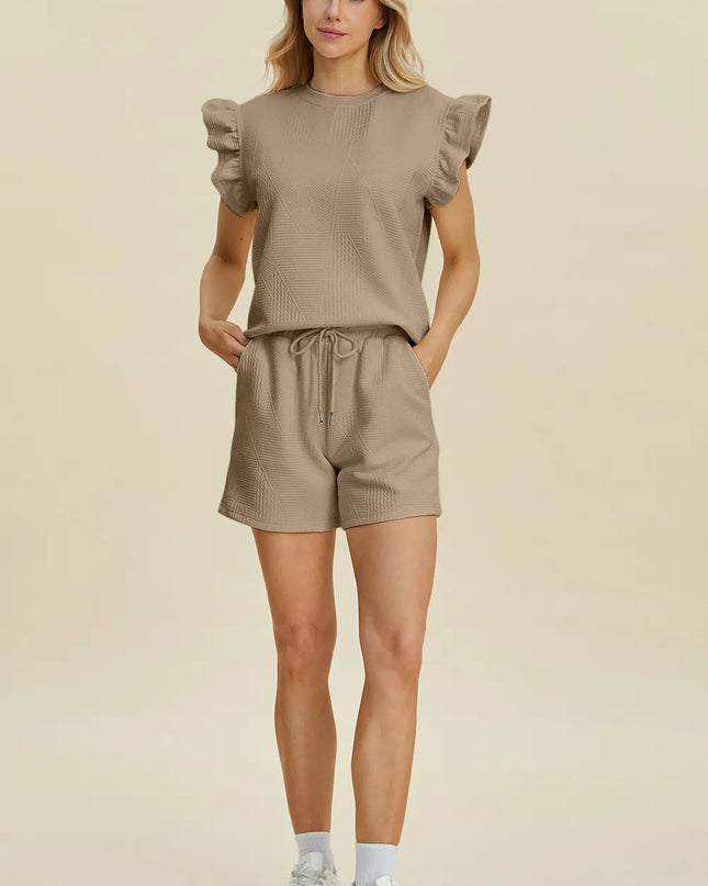 Double Take Full Size Texture Round Neck Ruffle Sleeve Top and Shorts Set
