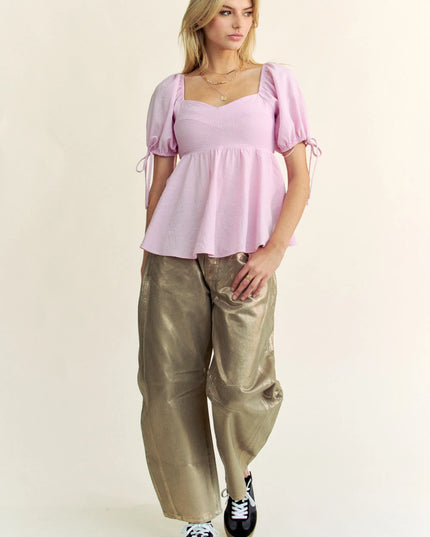 Davi & Dani Solid Elastic Peplum Puffed Sleeves Blouse