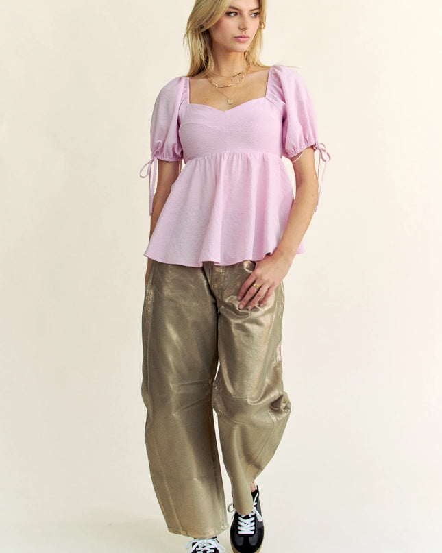 Davi & Dani Solid Elastic Peplum Puffed Sleeves Blouse