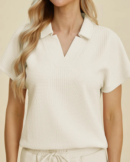 Double Take Full Size Collared Neck Short Sleeve Top and Pants Set