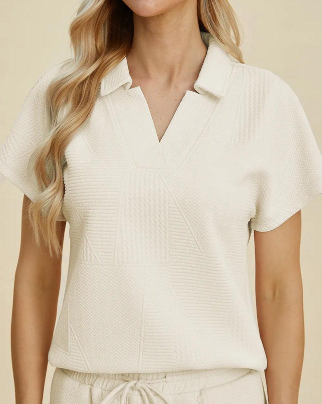 Double Take Full Size Collared Neck Short Sleeve Top and Pants Set