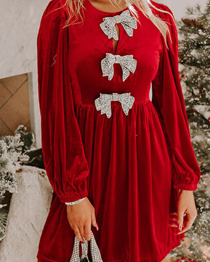 Velvet Bow Front Balloon Sleeve Dress Scarlet