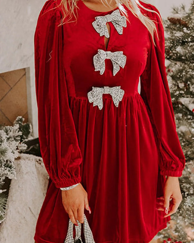 Velvet Bow Front Balloon Sleeve Dress Scarlet
