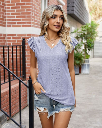 Eyelet Flutter Sleeve Scalloped V-Neck Top