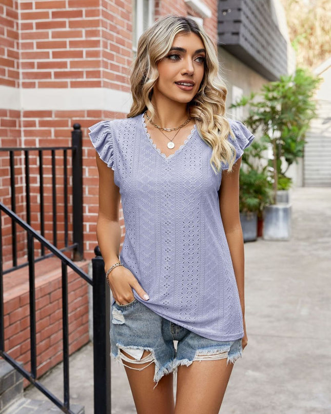 Eyelet Flutter Sleeve Scalloped V-Neck Top