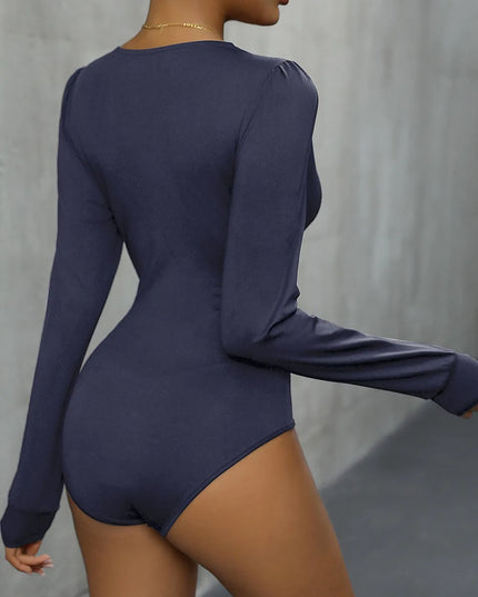 Perfee Lace Detail Plunge Long Sleeve Bodysuit