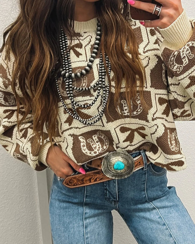 Graphic Round Neck Long Sleeve Sweater Beige