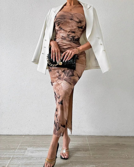 Printed Side Slit Tube Dress Camel