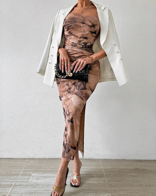 Printed Side Slit Tube Dress Camel