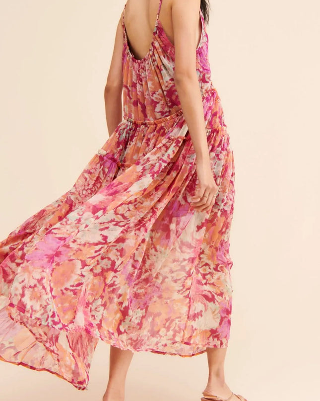 Frill Printed V-Neck Midi Dress