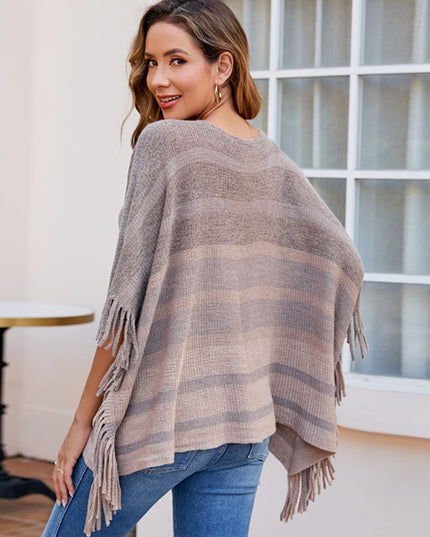 Striped Boat Neck Poncho with Fringes