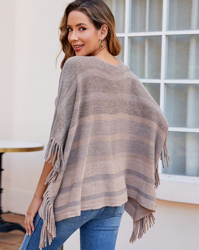 Striped Boat Neck Poncho with Fringes