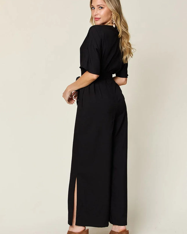 Double Take Full Size V-Neck Tied Side Slit Jumpsuit