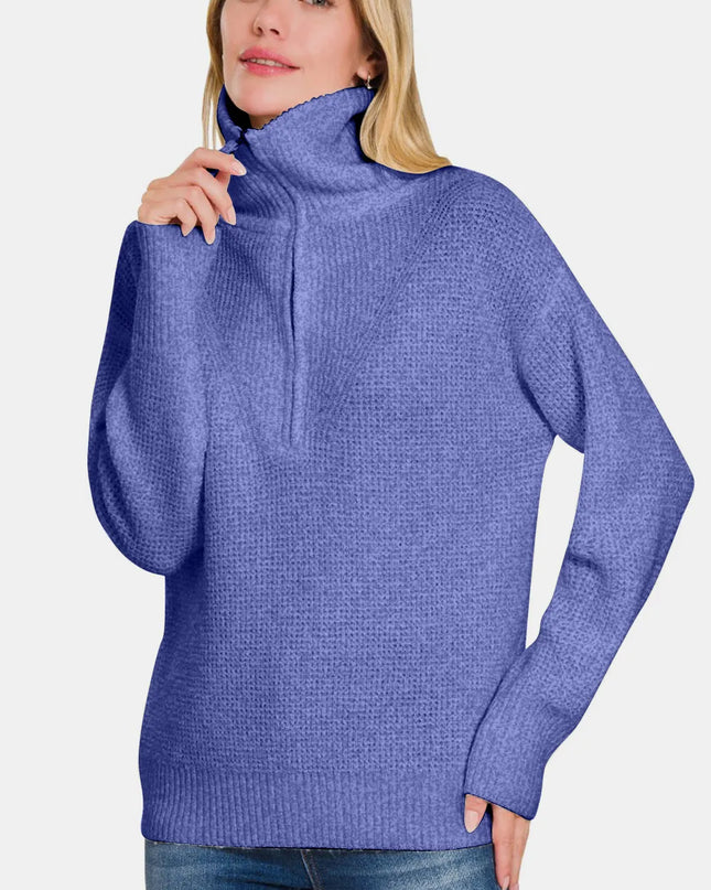 Zenana Half Zip Long Sleeve Sweater Marlin