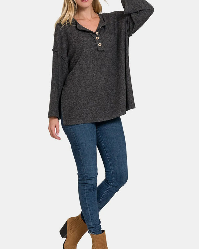 Zenana Full Size Ribbed Half Button Slit Knit Top