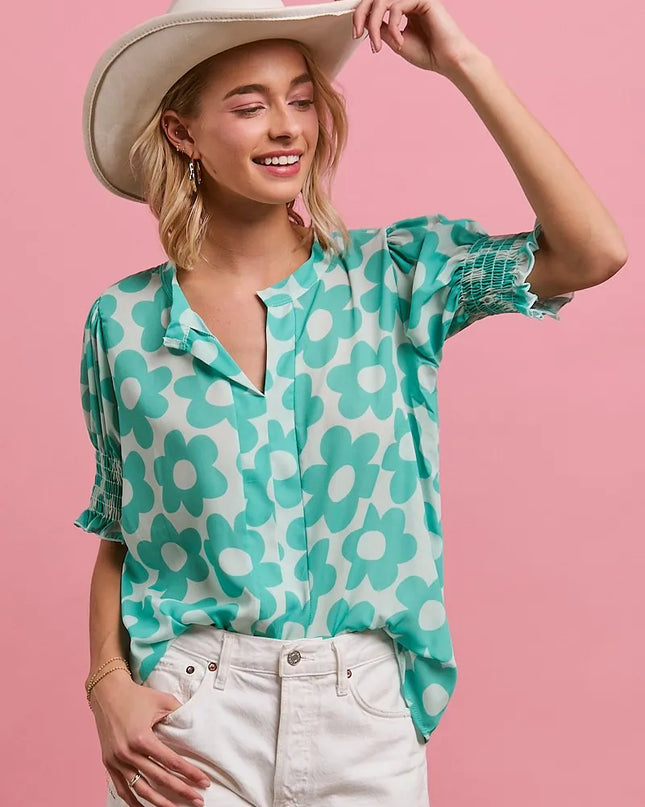 BiBi Flower Printed Woven Smoking Sleeves V Neck Top