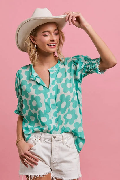 BiBi Flower Printed Woven Smoking Sleeves V Neck Top