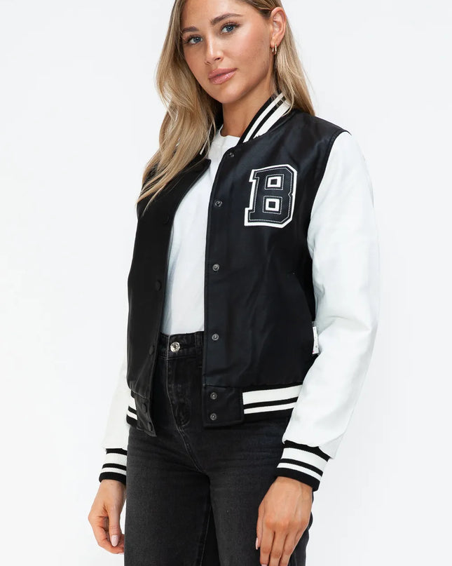 Love Me Now PU Leather Contrast Snap Down Bomber Jacket