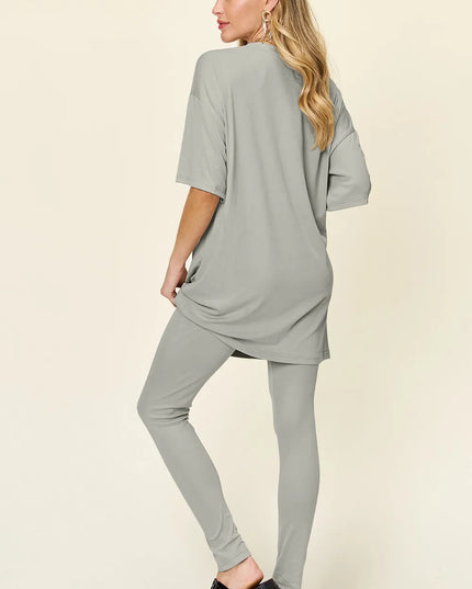 Double Take Full Size Round Neck Dropped Shoulder T-Shirt and Leggings Set