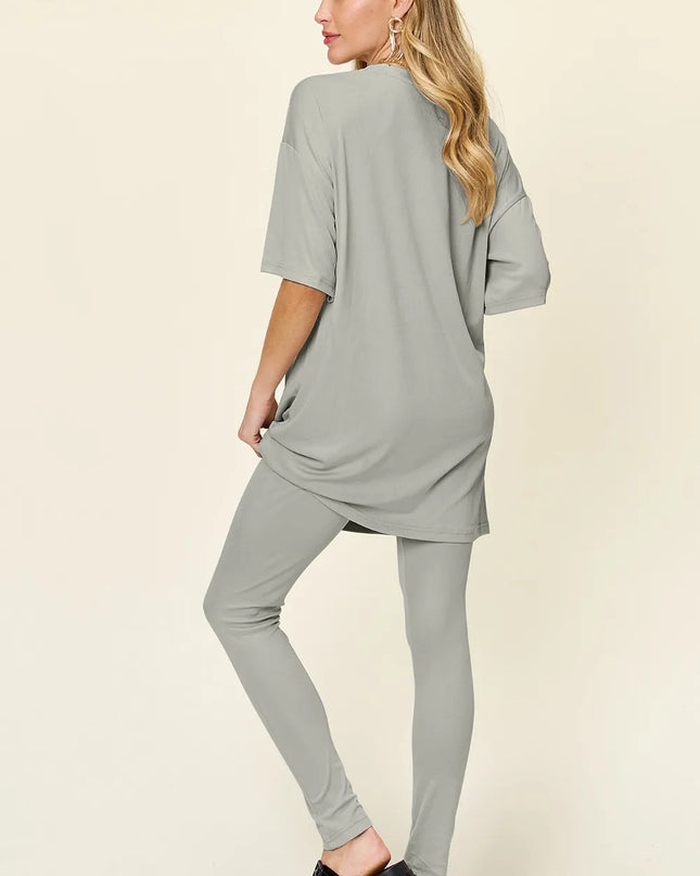 Double Take Full Size Round Neck Dropped Shoulder T-Shirt and Leggings Set