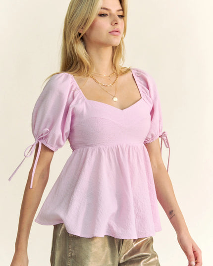 Davi & Dani Solid Elastic Peplum Puffed Sleeves Blouse