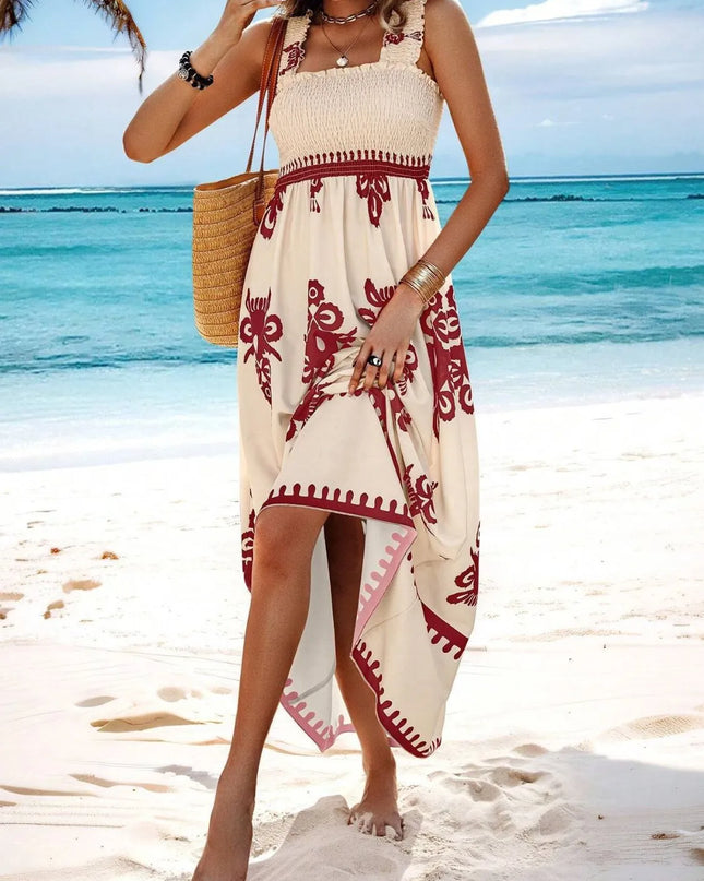 Smocked Printed Wide Strap Maxi Dress 