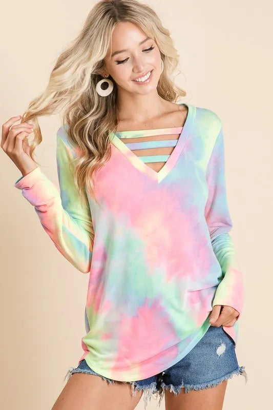 BiBi Tie Dye French Terry V-Neck Top with Strapped PASTEL TIE DYE