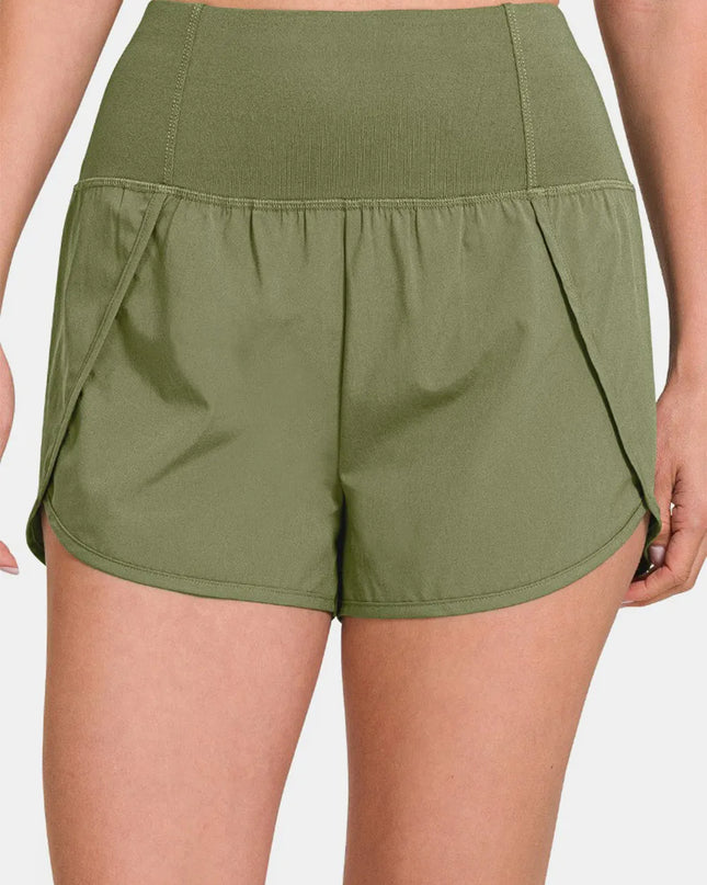 Zenana High-Waisted Zippered Back Pocket Active Shorts Lt Olive