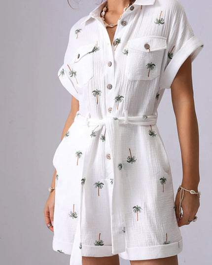 Palm Tree Print Short Sleeve Button-Up Romper with Belt
