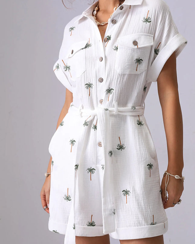 Palm Tree Print Short Sleeve Button-Up Romper with Belt