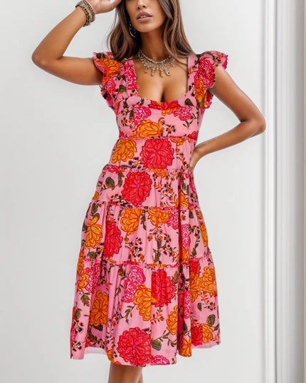 Ruffled Floral Square Neck Tiered Dress
