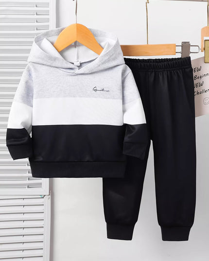 Children's Color Block Casual Hoodie & Pants Set Black