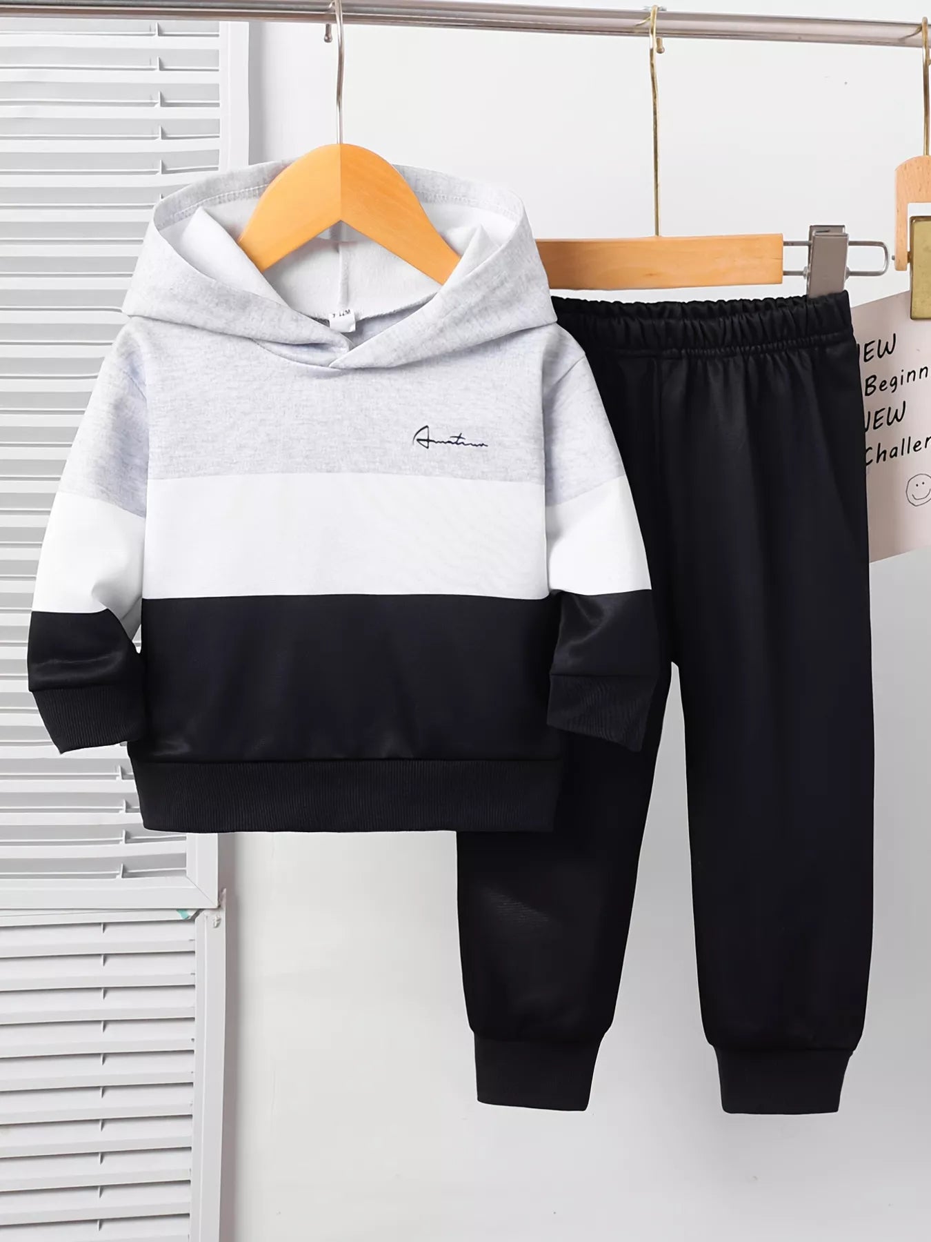 Children's Color Block Casual Hoodie & Pants Set Black