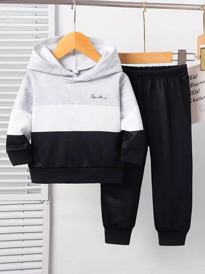 Children's Color Block Casual Hoodie & Pants Set Black
