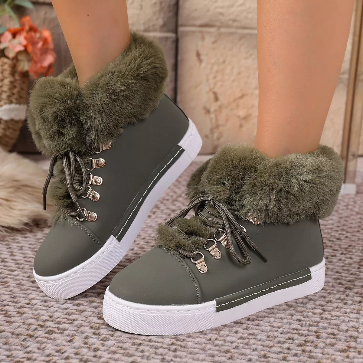 Round Toe Platform Boots Army Green