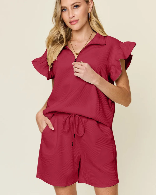 Double Take Full Size Texture Flounce Sleeve Top and Drawstring Shorts Set Deep Red