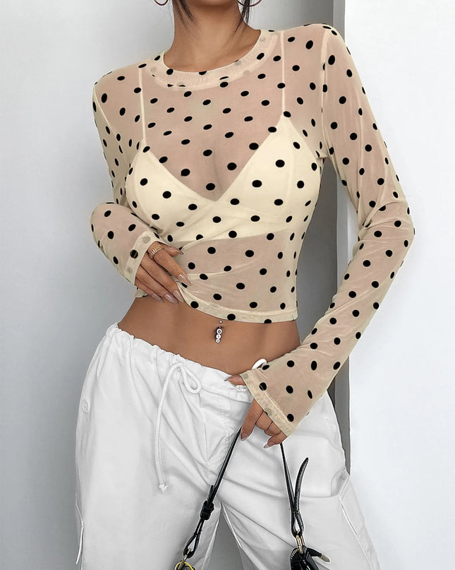 Polka Dot Mesh Long Sleeve Crop Top White