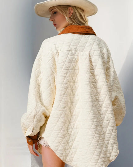 Double Take Full Size Contrast Button Up Quilted Shacket