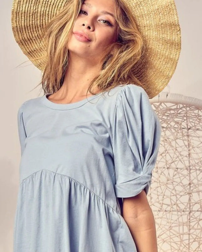 BiBi Cotton Span Knit with Puff Sleeve Baby Doll Top