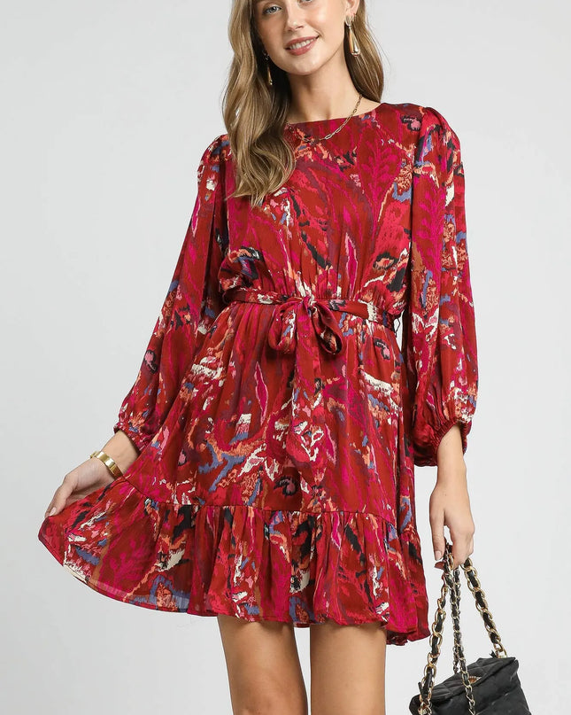 Umgee Ruffled Hem Printed Balloon Sleeve Dress EGGPLANT