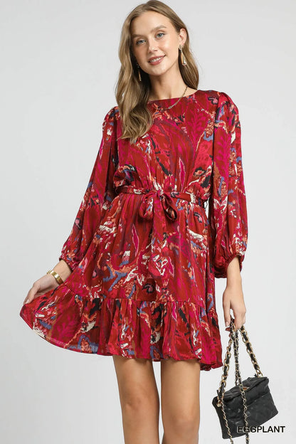 Umgee Ruffled Hem Printed Balloon Sleeve Dress EGGPLANT
