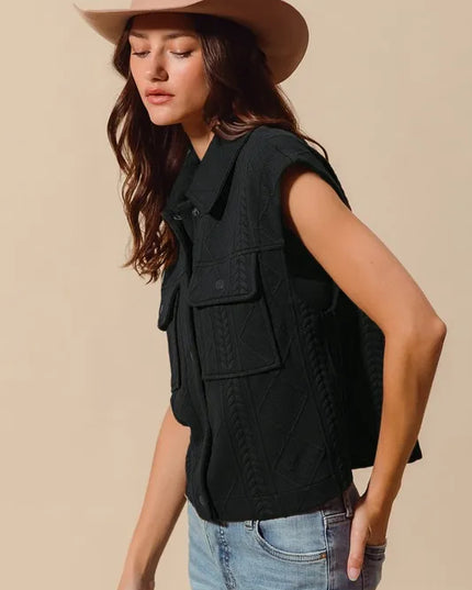 SO ME Cable Quilting Stitch Button Up Knit Vest
