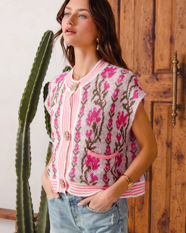 SO ME Button Front Floral and Stripe Knitted Sweater Vest