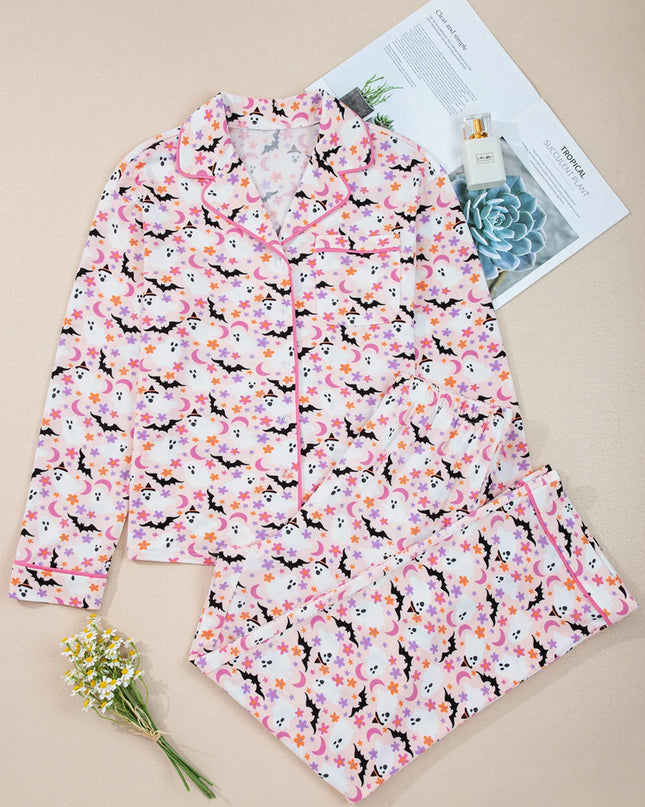 Halloween Ghost Print Button Up Top and Pants Lounge Set
