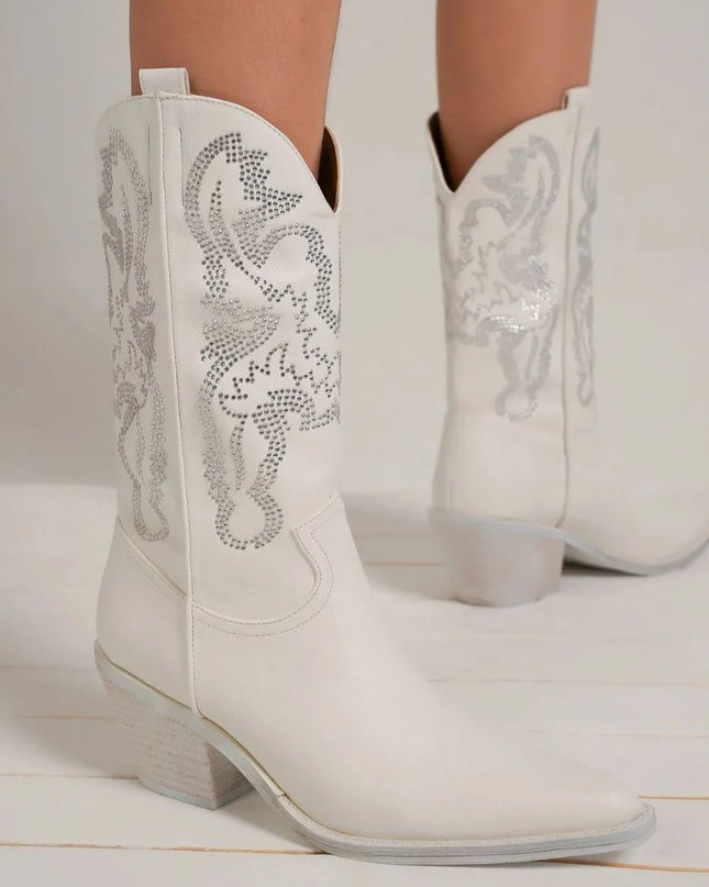 Beast Fashion Rhinestone Detail Point Toe Boots White